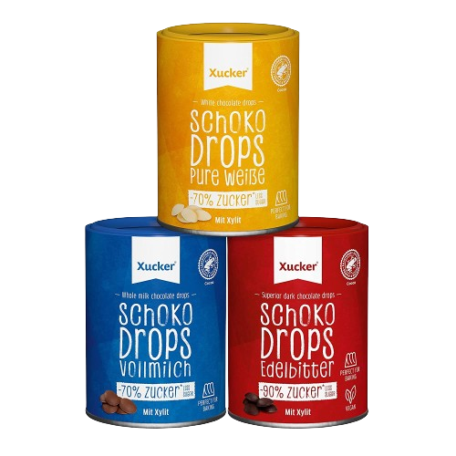 Xucker Chocolate Drops with Xylitol - Reduced Sugar Chocolate with Xylitol Substitute | Baking Chocolate Drops (Milk / White / Dark | 3 x 200g)